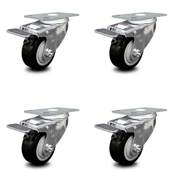 3.5 Inch Black Polyurethane Swivel Top Plate Caster Set with Total Lock Brake